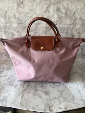 Longchamp Large Le Pliage Classic Tote - Pink with Brown Trim